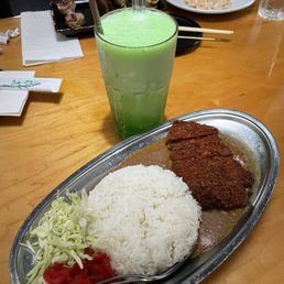 Melon soda with ice cream. Curry and pork tonkotsu Melon soda with ice cream. Curry and pork tonkotsu