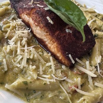 Cambria Pines Lodge Restaurant - Blackened Salmon over Penne with a Sun Dried Tomato Pesto Cream Sauce. Delicious! - American Near Me - Cambria, California Cambria Pines Lodge Restaurant - Blackened Salmon over Penne with a Sun Dried Tomato Pesto Cream Sauce. Delicious! - American Near Me - Cambria, California