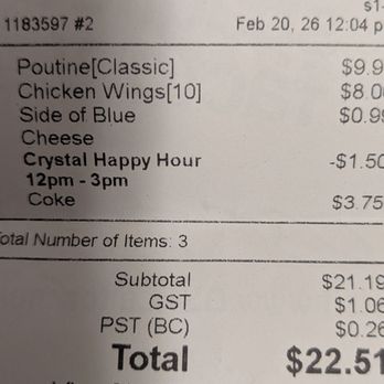 Crystal Lounge - Happy Hour receipt, February 2026 - Karaoke Near Me - Whistler, British Columbia Crystal Lounge - Happy Hour receipt, February 2026 - Karaoke Near Me - Whistler, British Columbia