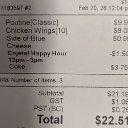 Crystal Lounge - Happy Hour receipt, February 2026