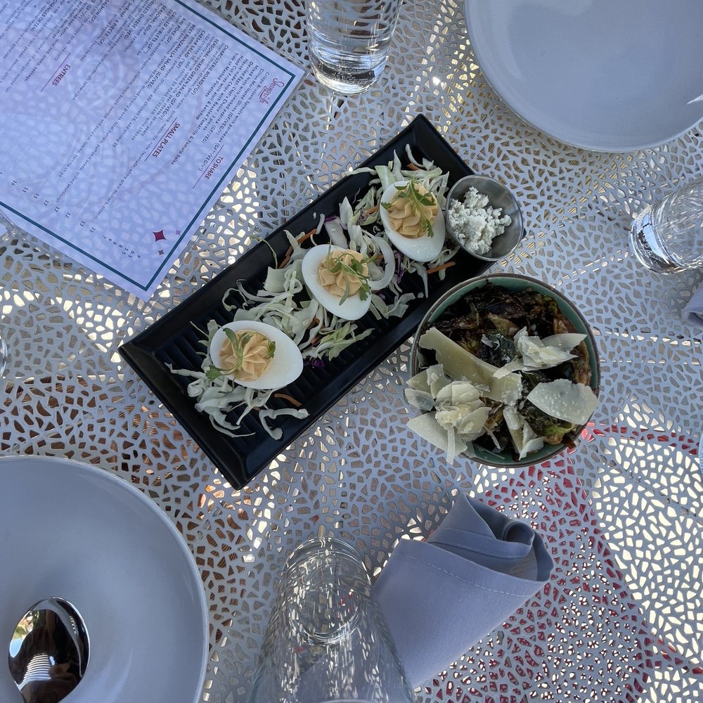 Shangri La - 3 deviled eggs and roasted Brussel sprouts with shaved fresh Parmesan. - New American Near Me - Fair Oaks, California