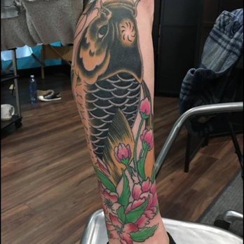 Black Ritual Tattoos - koi and flower done by Dave Haze. - Tattoo Near Me - Berkley, Michigan