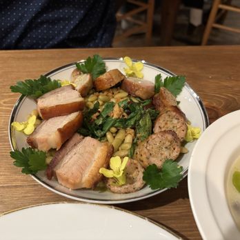 Good Bones - Cassoulet with roasted chicken thigh, Roundman's garlic sausage, pork belly, Heirloom beans -- Petite Percebes residency at Good Bones - Comfort Food Near Me - Caspar, California