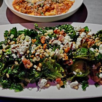 Society - EVO Salad, $15.00, Crispy Kale | Brussel Sprouts | Pancetta Pear | Goat Cheese | Pine Nut Balsamic Reduction - Italian Near Me - Tempe, Arizona