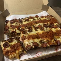 Pepperoni and sausage Detroit style pizza Pepperoni and sausage Detroit style pizza