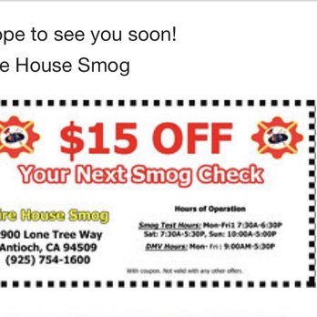 Fire House Smog - $15 coupon expect $70-$75 try to find some place cheaper if you can THE BEAST INSIDE THE CASHIER WINDOW IS RUDE - Smog Check Stations Near Me - Antioch, California