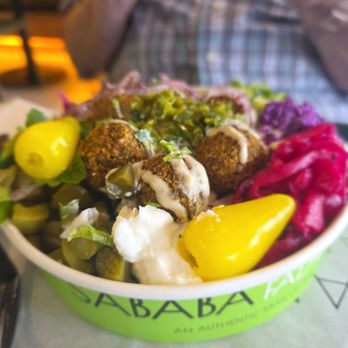 Sababa Falafel Shop - Falafel bowl with the fixings. - Falafel Near Me - Garden Grove, California Sababa Falafel Shop - Falafel bowl with the fixings. - Falafel Near Me - Garden Grove, California