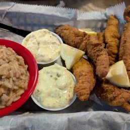 Catfish basket with dirty rice