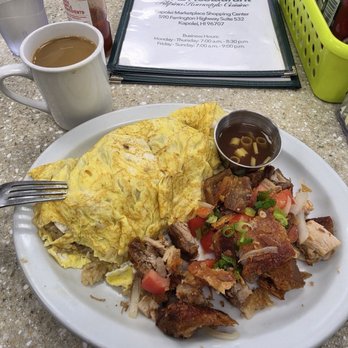 Julie'Z Restaurant - Adobo fried rice omelette with lechon kawali combo - Filipino Near Me - Kapolei, Hawaii Julie'Z Restaurant - Adobo fried rice omelette with lechon kawali combo - Filipino Near Me - Kapolei, Hawaii