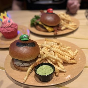 Toadstool Cafe - Mario burger, Luigi burger and Princess cupcake - Cafes Near Me - Universal City, California Toadstool Cafe - Mario burger, Luigi burger and Princess cupcake - Cafes Near Me - Universal City, California