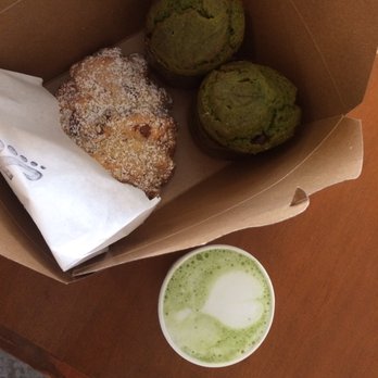 Fresh Flours - Matcha latte and matcha muffins and an almond croissant - Coffee & Tea Near Me - Seattle, Washington Fresh Flours - Matcha latte and matcha muffins and an almond croissant - Coffee & Tea Near Me - Seattle, Washington