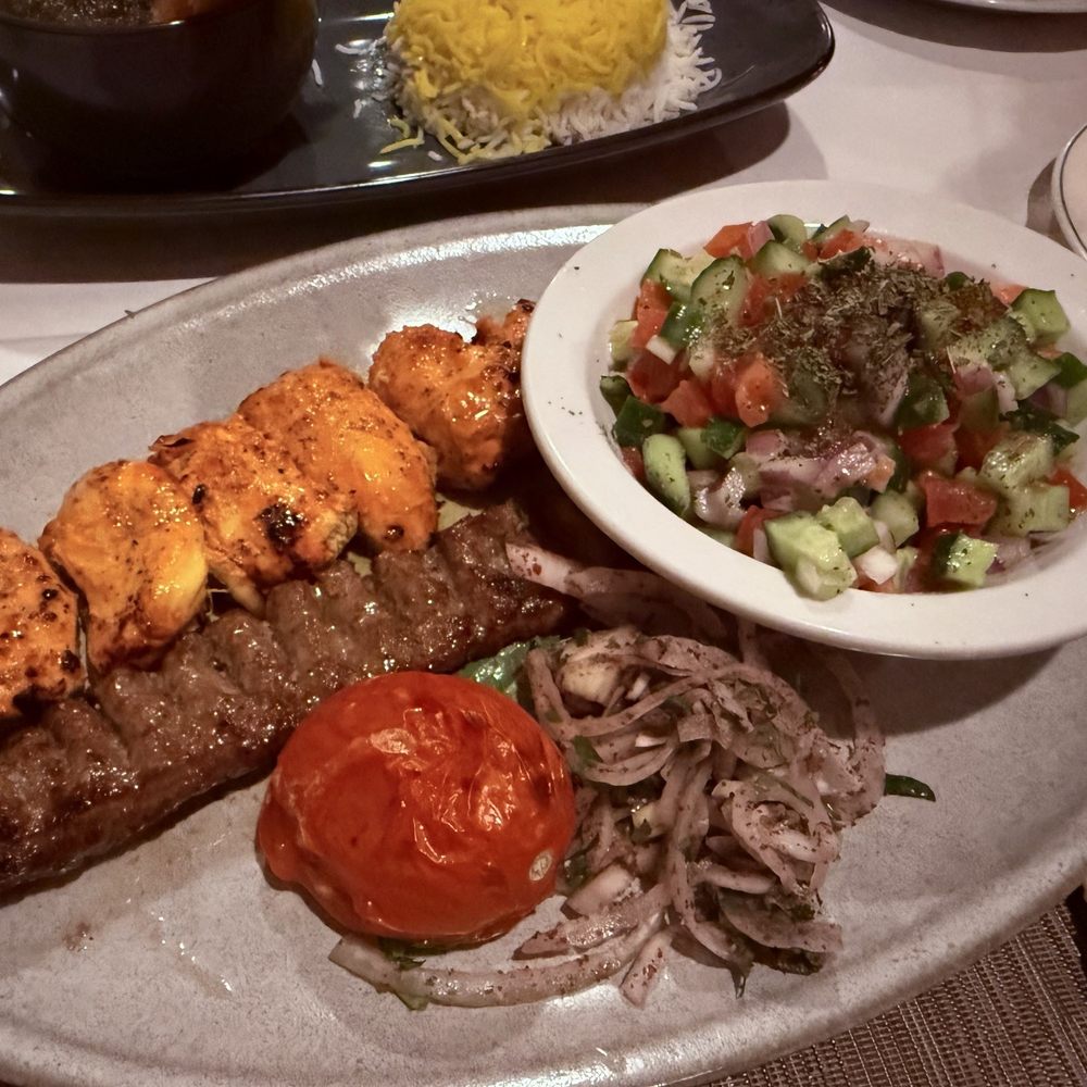 Arya Steakhouse - Chicken & Beef Combo Kabob (w/ Shirazi Salad upgrade) - Persian/Iranian Near Me - Palo Alto, California Arya Steakhouse - Chicken & Beef Combo Kabob (w/ Shirazi Salad upgrade) - Persian/Iranian Near Me - Palo Alto, California