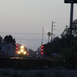 Caltrain - Hillsdale Station - 9 January 2019 - two Caltrain locals meet at the original 25th avenue crossing.