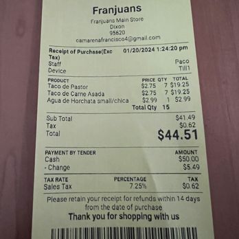 Franjuans - a receipt for a restaurant - Mexican Near Me - Dixon, California