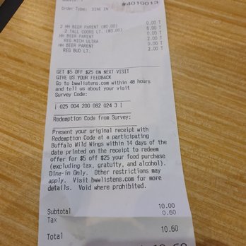 Buffalo Wild Wings - $2 bud light added to my bill which I didn't purchase. It belonged to another employee who was off clock. - American Near Me - Paducah, Kentucky