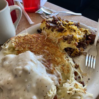 Hoosier Cafe - Meat Lover's Omelette Breakfast w/ hashbrowns and Biscuits and Gravy - Breakfast & Brunch Near Me - Chandler, Arizona