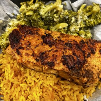Sauced Up Kitchen - Salmon rice and broccoli - Burgers Near Me - Atlanta, Georgia