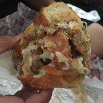 BRONX Sandwich - Shrimp po boy on French baguette with avocado, bacon and Swiss cheese as add ons. - Sandwiches Near Me - Anaheim, California BRONX Sandwich - Shrimp po boy on French baguette with avocado, bacon and Swiss cheese as add ons. - Sandwiches Near Me - Anaheim, California