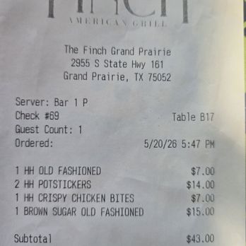 The Finch - Receipt - Seafood Near Me - Grand Prairie, Texas