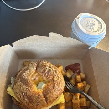 Fratelli Cafe - Bacon egg and cheese bagel + potatoes - Coffee & Tea Near Me - Marina Del Rey, California Fratelli Cafe - Bacon egg and cheese bagel + potatoes - Coffee & Tea Near Me - Marina Del Rey, California