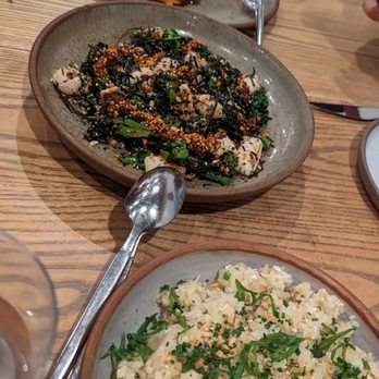 Ernest - Top to bottom: sweet potato, broccoli (?), ginger scallion fried rice - New American Near Me - San Francisco, California Ernest - Top to bottom: sweet potato, broccoli (?), ginger scallion fried rice - New American Near Me - San Francisco, California
