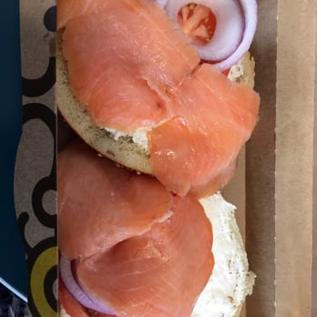 Einstein Bros. Bagels - Nova lox (cold smoked Nova Scotia salmon) on everything bagel with plain cream cheese, onion, tomato and capers. - Bagels Near Me - Houston, Texas