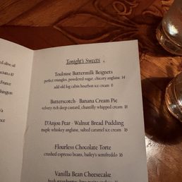 Beignets on the menu. The ice cream was to die for. We forgot to take photos before digging in.