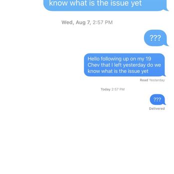 Friendly Chevrolet - My service advisor never respond said she didn't receive my text had to send her a screen shot - Car Dealers Near Me - Dallas, Texas Friendly Chevrolet - My service advisor never respond said she didn't receive my text had to send her a screen shot - Car Dealers Near Me - Dallas, Texas