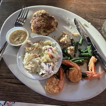 Erica Davis Lowcountry - Crab cakes (I had already eaten one), slaw and green beans for sides and had a few of my husband's fried shrimp. - Seafood Near Me - Savannah, Georgia