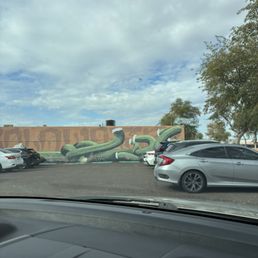 The parking lot and mural.