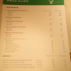 V Spa - Pricing menu