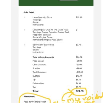Papa Johns Pizza - This is the actual total I was charged online. $24.69. - Pizza Near Me - Blythewood, South Carolina Papa Johns Pizza - This is the actual total I was charged online. $24.69. - Pizza Near Me - Blythewood, South Carolina