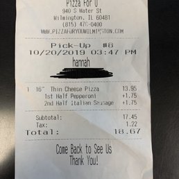 Receipt showing charge for two toppings even though it's a half/half pizza