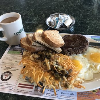 Metro Diner - Hamburger Steak, Hash-browns with onions and peppers, two sunny side up and rye toast with java. - Diners Near Me - Jacksonville, Florida Metro Diner - Hamburger Steak, Hash-browns with onions and peppers, two sunny side up and rye toast with java. - Diners Near Me - Jacksonville, Florida