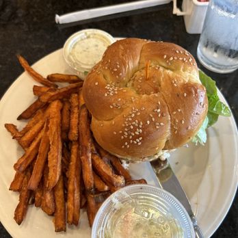 Ellen's Bakery & Cafe - Salmon Burger with Sweet Potato Fries very good - Bakeries Near Me - Sylvan Lake, Michigan Ellen's Bakery & Cafe - Salmon Burger with Sweet Potato Fries very good - Bakeries Near Me - Sylvan Lake, Michigan
