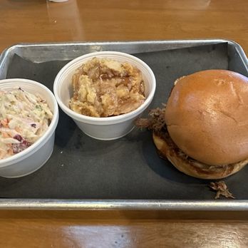 Bigham's Smokehouse - Sandwich Plate with pulled pork, Coleslawand Apple Cobbler - Barbeque Near Me - Lubbock, Texas Bigham's Smokehouse - Sandwich Plate with pulled pork, Coleslawand Apple Cobbler - Barbeque Near Me - Lubbock, Texas