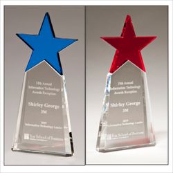 Memorable Engraving - Optical Crystal Star Tower, 9.25"H, red/blue, custom engraved, test/logo $200