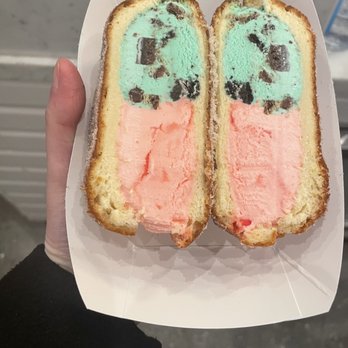 Milkbomb Ice Cream - Cinnamon donut stuffed with peppermint and aqua dreams ice cream - Ice Cream & Frozen Yogurt Near Me - Berkeley, California