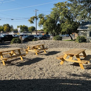 Walkover Bagels - Outside tables in a patio area next to the building. - Coffee & Tea Near Me - Star, Idaho Walkover Bagels - Outside tables in a patio area next to the building. - Coffee & Tea Near Me - Star, Idaho