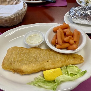 Trolley Shops Restaurant - Beer battered cod with baked potato and carrots - Diners Near Me - Bangor, Pennsylvania Trolley Shops Restaurant - Beer battered cod with baked potato and carrots - Diners Near Me - Bangor, Pennsylvania