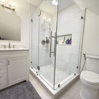 Mayflower Cabinets - Wall Tiles 
Shower floor tiles 
Main floor tile 
Vanity 
Vanity light 
Plumbing fixtures - General Contractors Near Me - Kingston, Massachusetts
