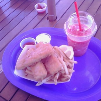 Zack's - Fish N Chips with a strawberry "smoothie" (really just fruit, sugar and ice) - Bike Rentals Near Me - Huntington Beach, California Zack's - Fish N Chips with a strawberry "smoothie" (really just fruit, sugar and ice) - Bike Rentals Near Me - Huntington Beach, California