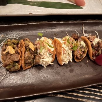 Nobu Chicago - Left to right: wagyu tacos, king crab tacos & ribeye tacos - Japanese Near Me - Chicago, Illinois Nobu Chicago - Left to right: wagyu tacos, king crab tacos & ribeye tacos - Japanese Near Me - Chicago, Illinois
