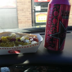 Holiday Station Stores - Jalapeño cheese dog with sourkraut, onions, relish, ketchup, & mustard with rock star energy drink called perfectberry.
