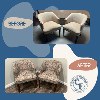 Upholstery: Chairs - Celentano Furniture is happy to help update your chairs with new fabric and padding, as well as any necessary wood touch-ups - Chair sets are typically on the workbench for about one (1) week. Upholstery: Chairs - Celentano Furniture is happy to help update your chairs with new fabric and padding, as well as any necessary wood touch-ups - Chair sets are typically on the workbench for about one (1) week.