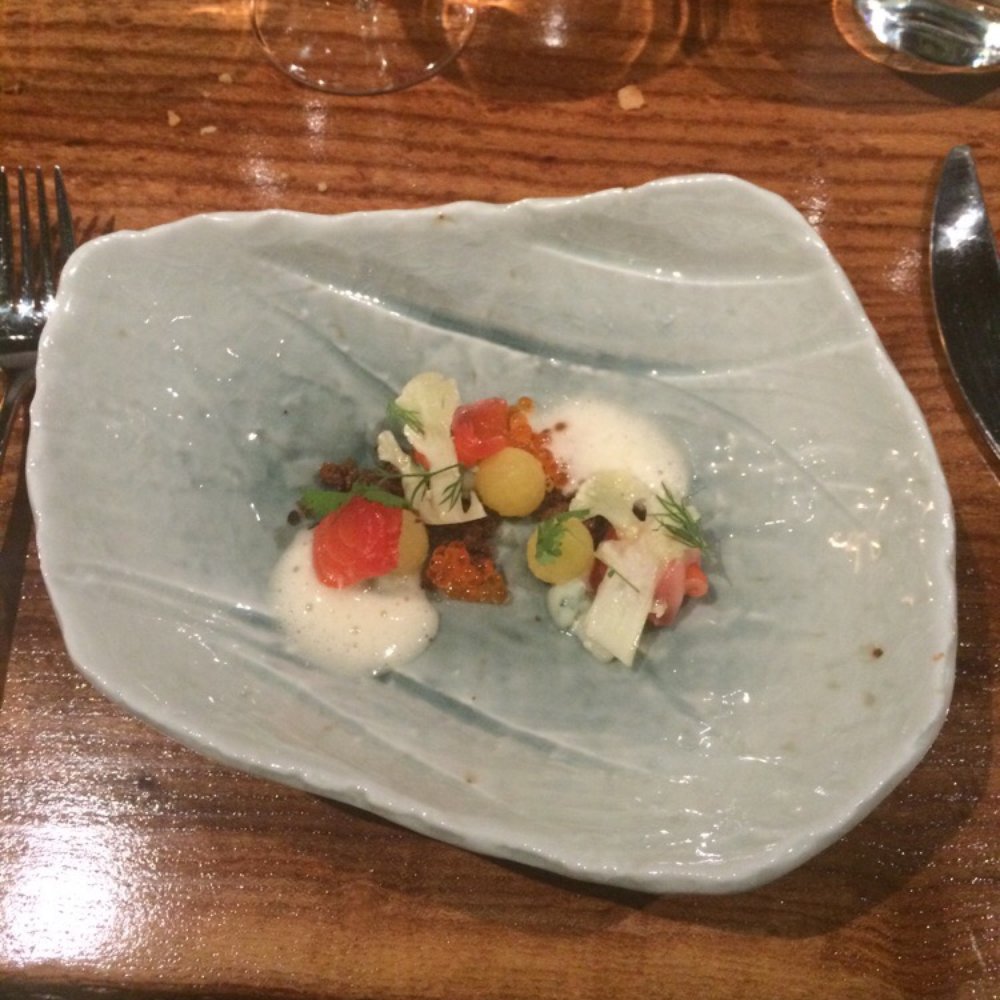Lazy Bear - Ocean trout with roe, Arkansas black apple, rye, cauliflower (10/25/14 menu) - New American Near Me - San Francisco, California Lazy Bear - Ocean trout with roe, Arkansas black apple, rye, cauliflower (10/25/14 menu) - New American Near Me - San Francisco, California