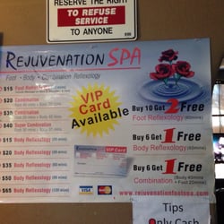 Rejuvenation Spa - Massage Menu (prices went up since this picture was taken; $5 on each massage as of May 1, 2016)