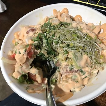 Playa Bowls - Salmon Poke with Spicy Mayo (extra) and some Lump Crab because I'm celebrating life in general - Juice Bars & Smoothies Near Me - Bethlehem, Pennsylvania