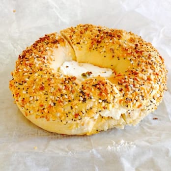Isaac's Bagel Cafe - Jalapeño Everything Bagel with cream cheese. Om nom nom - Breakfast & Brunch Near Me - Bloomfield, Connecticut