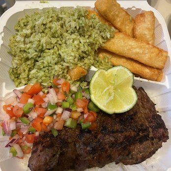 Fidel’s Peruvian Chicken - Carne Asada ($20) with cilantro rice and fried yucca - Peruvian Near Me - Colesville, Maryland
